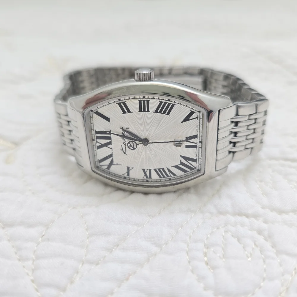 VTG Kolber Geneve Tonneau Men's Watch K8420 Silver Large Wrist Quartz Guilloche